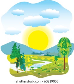 sunset or sunrise mountains valley under blue sky
