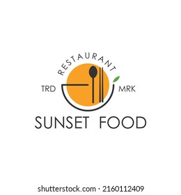 Sunset Sunrise with mug, Spoon and Fork for Food Restaurant Logo Design Vector