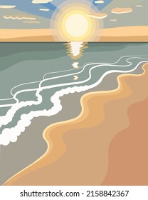 Sunset or sunrise in the ocean, beach, landscape background of nature, pink clouds. Vector illustration.