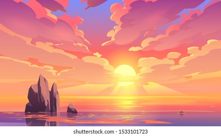 Sunset or sunrise in ocean, nature landscape background, pink clouds flying in sky to shining sun above sea with rocks sticking up of water surface. Evening or morning view Cartoon vector illustration - Shutterstock ID 1533101723