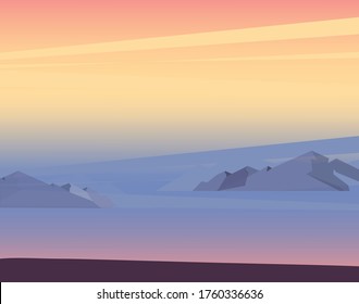 Sunset or sunrise in ocean, nature landscape background, pink clouds in sky to shining sun above sea with mountains. Evening or morning view. Cartoon vector illustration