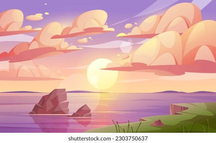 Sunset or sunrise in ocean, nature landscape background, cartoon vector illustration. Pink clouds flying in sky to shining sun above sea with rocks sticking. Evening or morning backdrop water surface