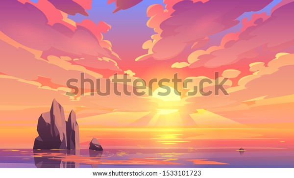 Sunset or sunrise in ocean, nature landscape\
background, pink clouds flying in sky to shining sun above sea with\
rocks sticking up of water surface. Evening or morning view Cartoon\
vector illustration