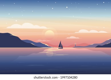 Sunset or sunrise in ocean. Vector illustration of sunset nature landscape with lighthouse, mountains, sea, yacht, waves, clouds. Evening or morning  view background. Summer horizontal poster.