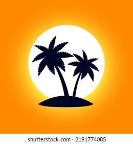 Sunset and Sunrise on the Beach with African Rainforest Coconut Trees or Tropical Palm Trees on Orange Background. Simple Black Silhouette for Eco Floral Logotype Emblem in Retro Art