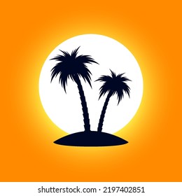 Sunset and Sunrise on the Beach with Coconut Trees or Tropical Palm Trees on Orange Backdrop. Simple Black Silhouette for Travel Logo Design