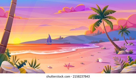 Sunset or sunrise on the beach landscape with beautiful pink sky and sun reflection over the water. Summer vacation background cartoon concept