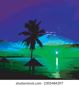 Atardecer o amanecer en el paisaje de la playa con un hermoso cielo azul. Vacaciones de verano, verano al estilo del arte pop.