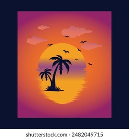Sunset or sunrise on the beach with palm trees Vector illustration Travel or holiday icon