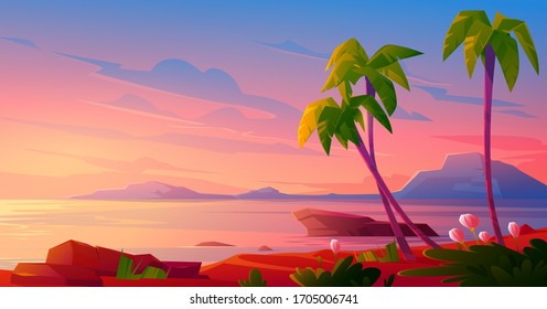 Puesta de sol o amanecer en la playa, paisaje tropical con palmeras y hermosas flores a orillas del mar bajo un cielo rosa nublado. Paraíso idílico nocturno o matutino, isla en el océano, ilustración vectorial de dibujos animados