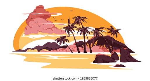 Sunset or sunrise on beach, tropical landscape with palm trees on seaside under pink cloudy sky. Evening or morning idyllic paradise, island in ocean, flat vector illustration