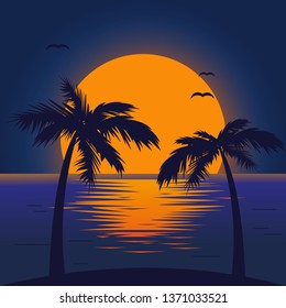 Sunset or sunrise on the beach. Vector illustration. Travel or holiday icon.