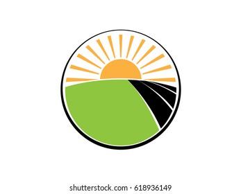 Sunset sunrise on field black ground green grass round vector logo illustration.