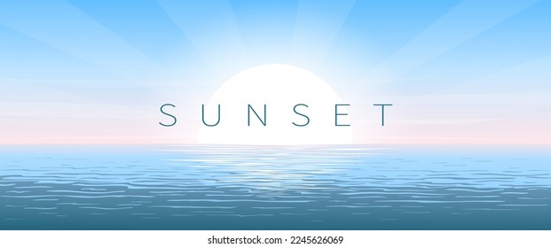 Sunset or sunrise on the sea. The morning rays of the sun are reflected in the water. Bright clear sky. Vector panoramic image for background, banner, postcard.