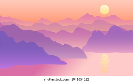 Sunset, sunrise on the sea, vector panorama, mountains landscape background.