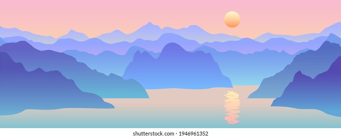 Atardecer, amanecer en el mar, panorámica vectorial, paisaje montañoso de fondo.