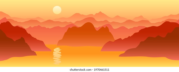 Sunset, sunrise on the sea, vector panorama, mountains landscape background.