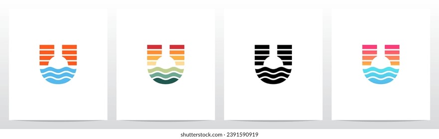 Sunset Sunrise On Sea Water Letter Logo Design U