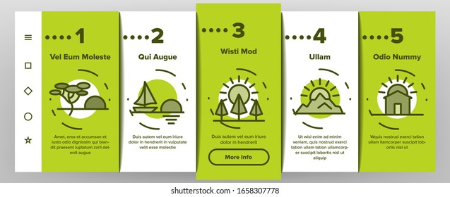 Sunset Or Sunrise Onboarding Icons Set Vector. Sunset Over Of Ocean And Sea, Road And City, Beach And Park, Desert And Pyramids Illustrations