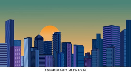 Sunset or sunrise over a modern city in natural colors. Bright sunlight illuminates the silhouettes of buildings and skyscrapers. Vector illustration. City landscape. Sun glare. Cityscape.