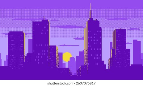 Sunset or sunrise over a modern city pixel art. Sunlight illuminates the silhouettes of buildings and skyscrapers. City landscape video game background. Retro style cityscape illustration.