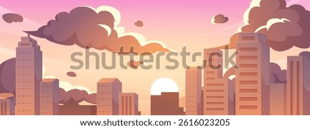 Sunset or sunrise over a modern city. Silhouettes of buildings and skyscrapers in the light of the sun and cloudy sky. Vector illustration cityscape Anime style. Offices and real estate in downtown