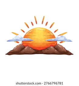 Sunset sunrise over mountains vector illustration, hand drawn watercolor painting style, sunset clip art, sunrise clip art
