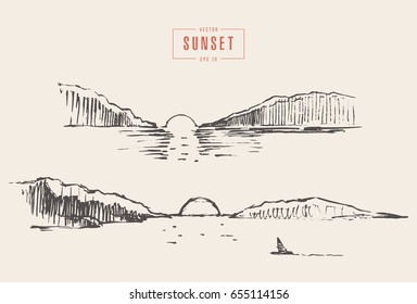 Sunset And Sunrise Over The Ocean, Beautiful Scenery, Hand Drawn Vector Illustration, Sketch