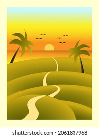Sunset or sunrise over the sea, the background of the natural scenery is predominantly orange with coconut trees and small hills.