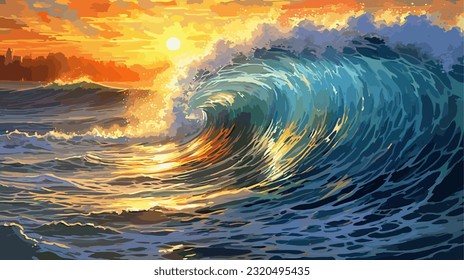 Atardecer o amanecer sobre el mar. Grandes olas. Colores cálidos y luminosos. Por la mañana o por la noche. La belleza del mar Capa de mar, obra de arte. Diseño de ilustraciones vectoriales