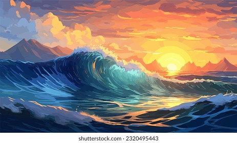 Sunset or sunrise over the sea. Big waves. Bright warm colors. Morning or evening. The beauty of the sea. Seascape, work of art. Vector illustration design