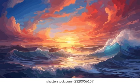 Sunset or sunrise over the sea. Big waves. Bright warm colors. Morning or evening. The beauty of the sea. Seascape, work of art. Vector illustration design