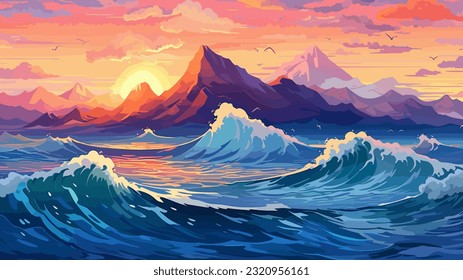 Sunset or sunrise over the sea. Big waves. Bright warm colors. Morning or evening. The beauty of the sea. Seascape, work of art. Vector illustration design