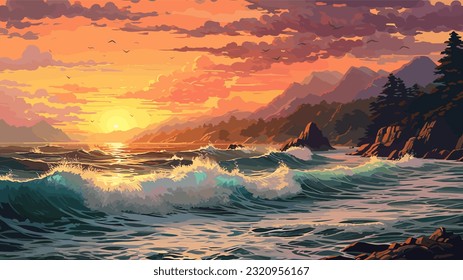 Atardecer o amanecer sobre el mar. Grandes olas. Colores cálidos y luminosos. Por la mañana o por la noche. La belleza del mar Capa de mar, obra de arte. Diseño de ilustraciones vectoriales