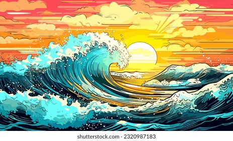 Sunset or sunrise over the sea. Big waves. Bright warm colors. Morning or evening. The beauty of the sea. Seascape, work of art. Vector illustration design