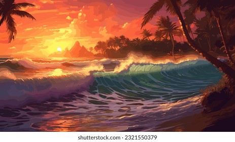 Sunset or sunrise over the sea. Big waves. Bright warm colors. Morning or evening. The beauty of the sea. Seascape, work of art. Vector illustration design