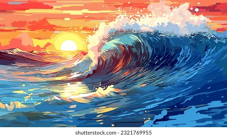 Sunset or sunrise over the sea. Big waves. Bright warm colors. Morning or evening. The beauty of the sea. Seascape, work of art. Vector illustration design