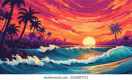 Sunset or sunrise over the sea. Big waves. Bright warm colors. Morning or evening. The beauty of the sea. Seascape, work of art. Vector illustration design