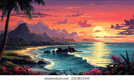 Sunset or sunrise over the sea. Big waves. Bright warm colors. Morning or evening. The beauty of the sea. Seascape, work of art. Vector illustration design