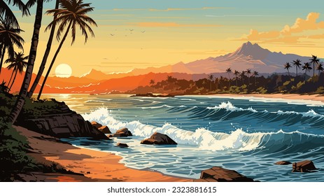 Sunset or sunrise over the sea. Big waves. Bright warm colors. Morning or evening. The beauty of the sea. Seascape, work of art. Vector illustration design