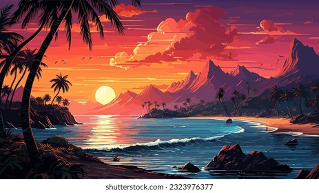 Sunset or sunrise over the sea. Big waves. Bright warm colors. Morning or evening. The beauty of the sea. Seascape, work of art. Vector illustration design