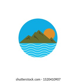 Sunset or sunrise over the sea or ocean and mountain stock illustration.