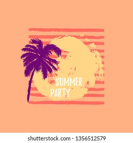 Sunset or sunrise with palm trees and stripes. Summer party banner. Place for your text. Vector illustration for invitation, flyer, poster, banner, web.