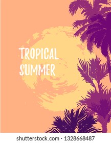 Sunset or sunrise with palm trees. Tropical summer. Place for your text. Vector illustration for party, invitation, flyer, poster, banner, web.