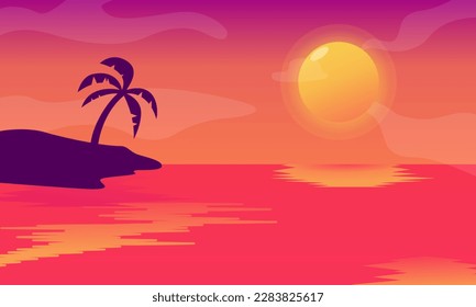 Sunset or sunrise Panoramic beach view vector illustration, sea beach and sun, ocean sunrise, palms
