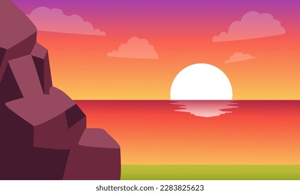 Sunset or sunrise Panoramic beach view vector illustration, sea beach and sun, ocean sunrise, palms