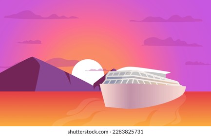 Sunset or sunrise Panoramic beach view vector illustration, sea beach and sun, ocean sunrise, palms