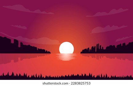 Sunset or sunrise Panoramic beach view vector illustration, sea beach and sun, ocean sunrise, palms