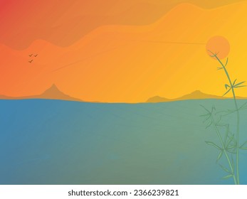 Sunset or sunrise Panoramic beach view vector illustration, sea beach and sun, ocean sunrise.