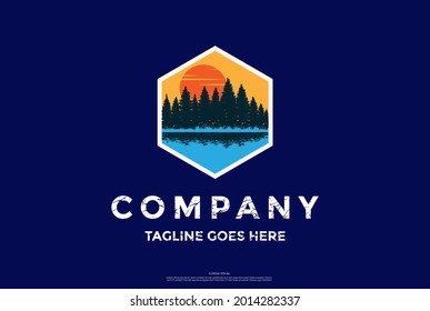 Sunset Sunrise Pine Evergreen Fir Hemlock Spruce Conifer Cedar Coniferous Cypress Larch Trees Forest Creek River Lake Badge Logo Design Vector